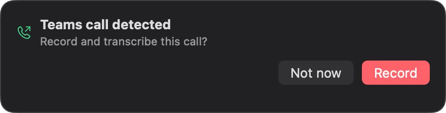 Eine Nachfrage aus der Menüleiste: Teams-Call erkannt, diesen Call aufnehmen und transkribieren?