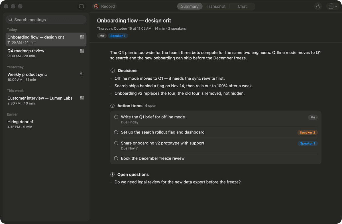 The meetre library window with a solid dark content area showing a meeting summary, decisions, action items and open questions