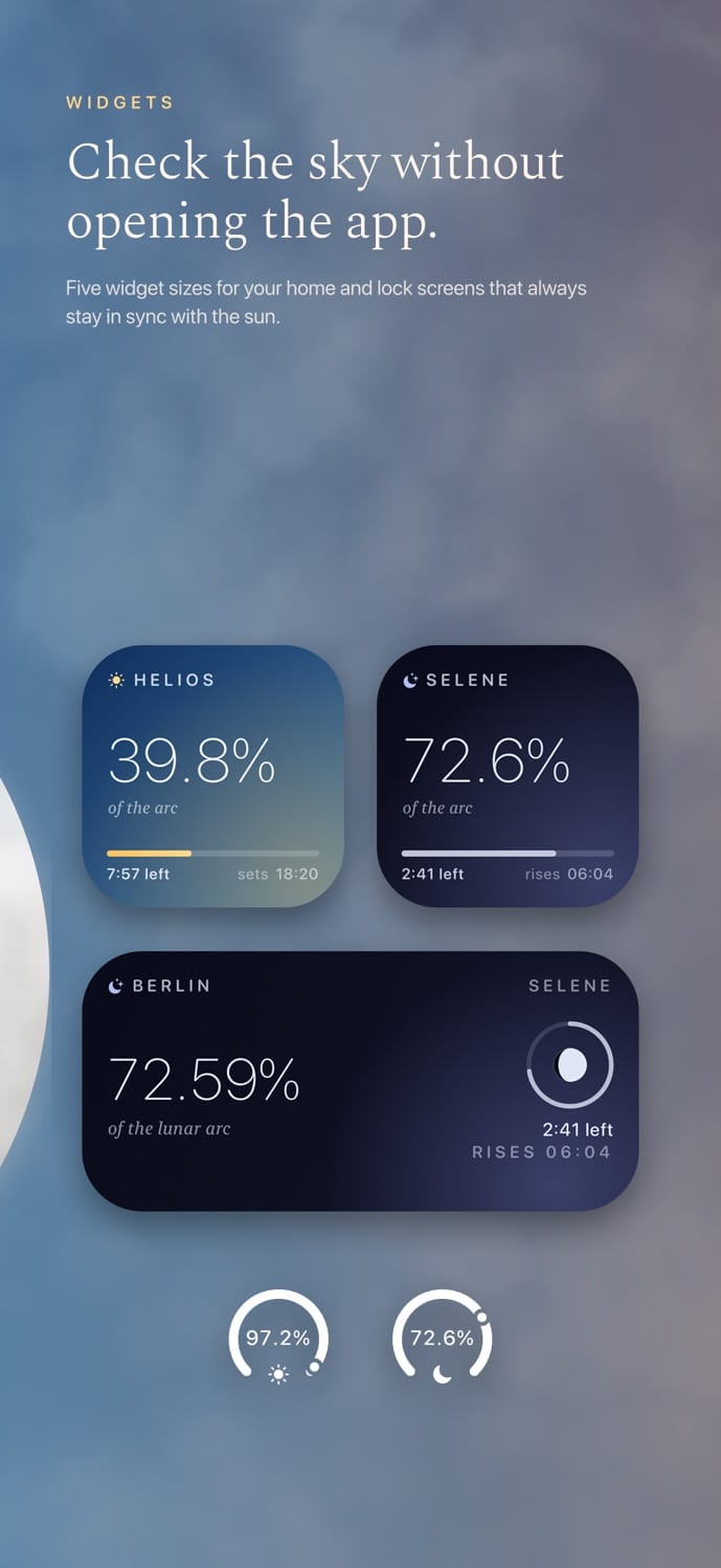 Surya widgets in several sizes, showing sun and moon percentages on a cloudy blue background