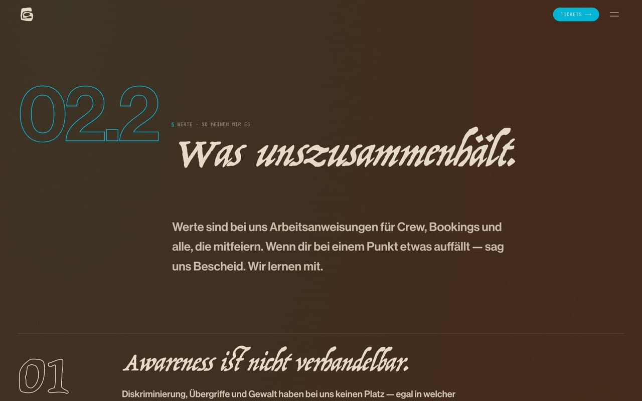 Werte-Seite – Awareness, Nachhaltigkeit, autofreie Anreise