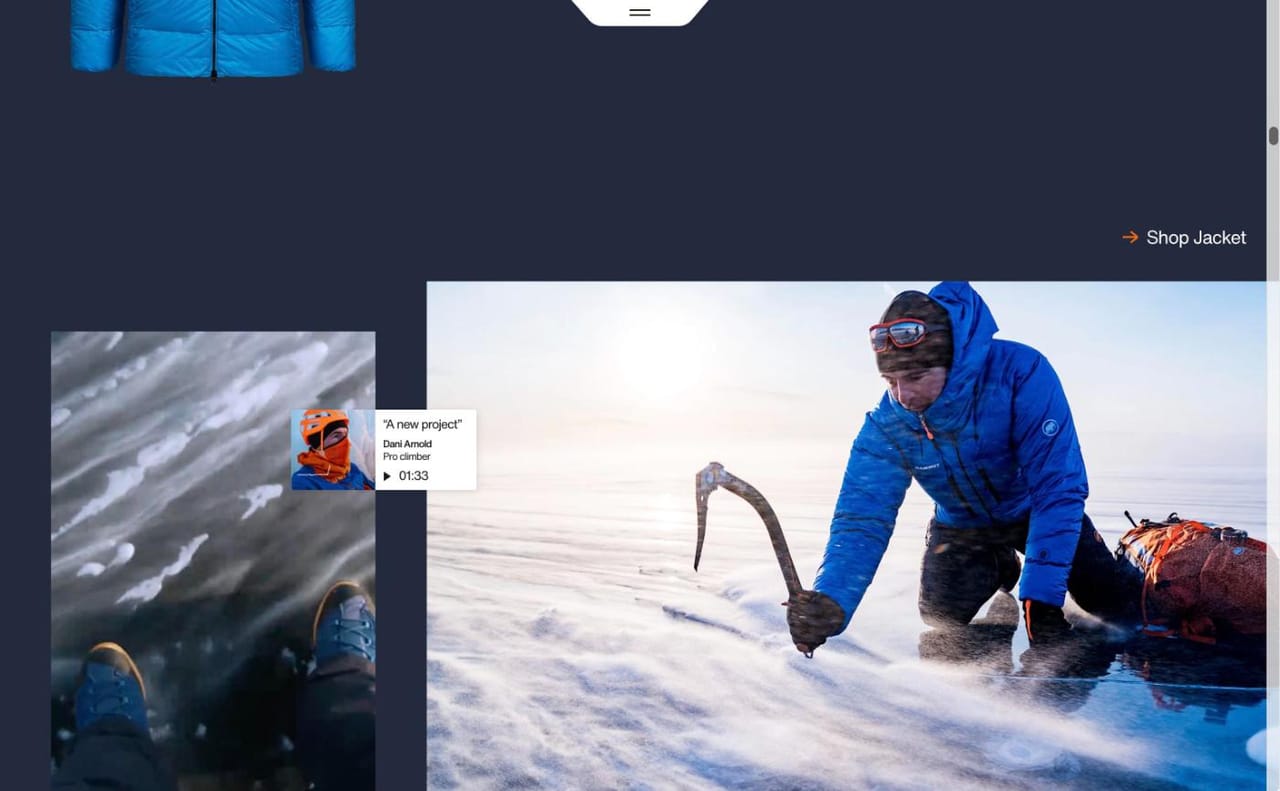 Die Eigerjoch-Jacke neben Expeditionsfotos und einer kleinen Videokarte von Dani Arnold
