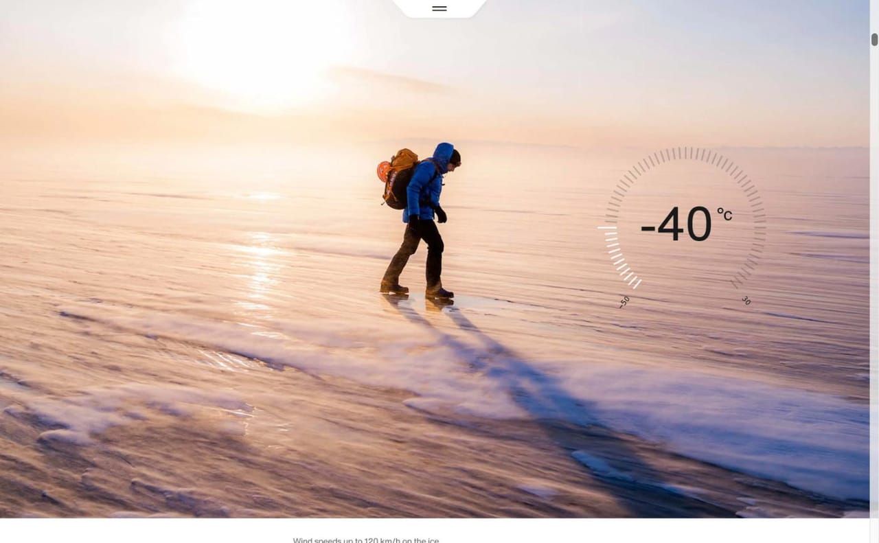 Ein Kletterer läuft im tiefen Sonnenlicht über den zugefrorenen See, daneben eine Anzeige mit minus 40 Grad