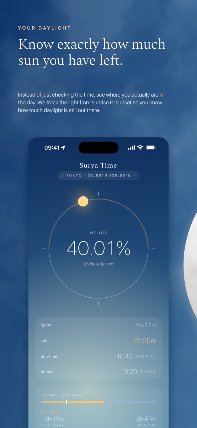 Der Hauptbildschirm von Surya mit einem runden Zifferblatt, das 40,01 Prozent des Sonnenbogens zeigt, dazu verstrichene Zeit, Restzeit und Sonnenuntergang